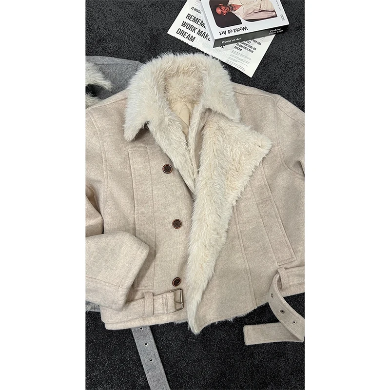 龙刀刀秋季新品美式复古小众设计感宽松双排扣毛领百搭夹克外套