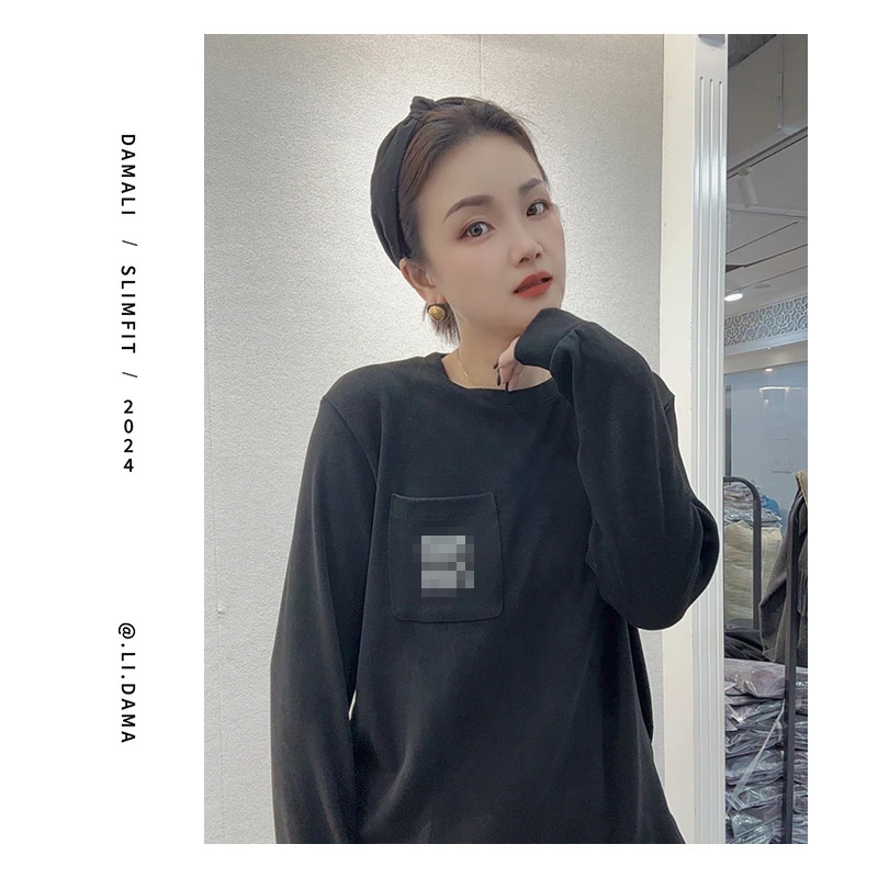 大码利-冬【双面德绒口袋字母】欧韩简约冬季长袖小众上衣打底衫