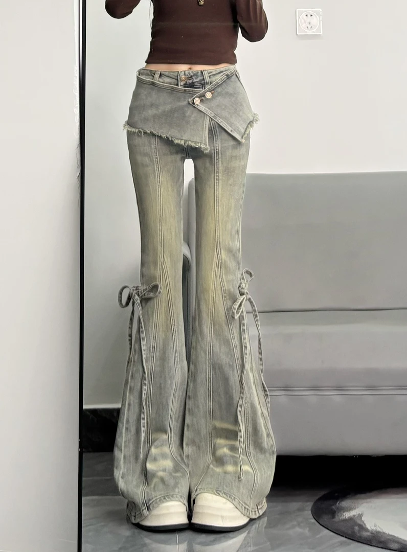 【送屁帘】复古假两件屁帘微喇系带牛仔裤女2025秋季新款辣妹喇叭裤