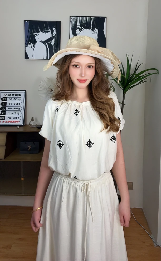 轻奢棉亚麻重工刺绣夏季女性上衣半裙套装