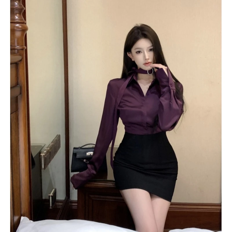 名媛风御姐气质女神范套装小个子飘带挂脖衬衫包臀半身裙两件套裙