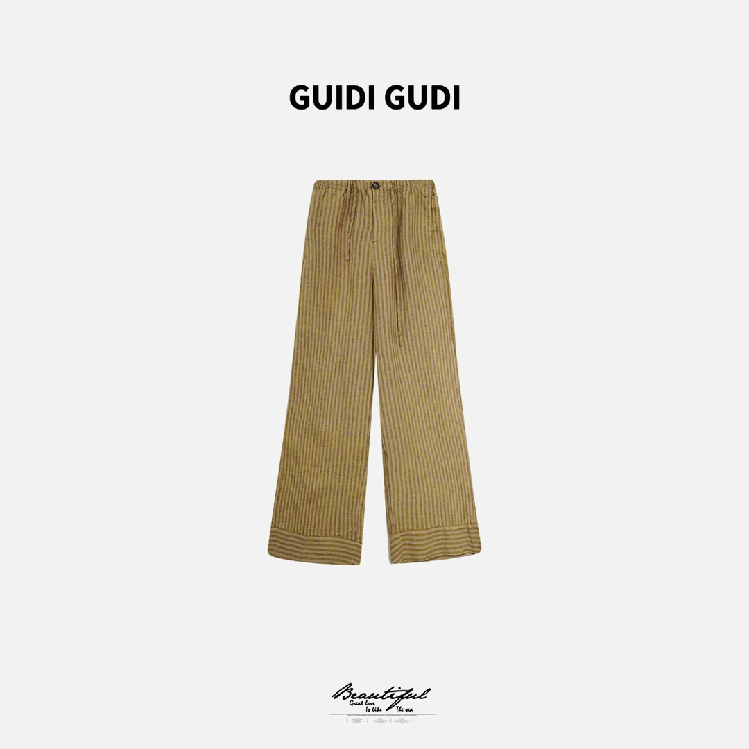 GUIDI GUDI【花径】亚麻气质百搭条纹休闲裤/黄加蓝