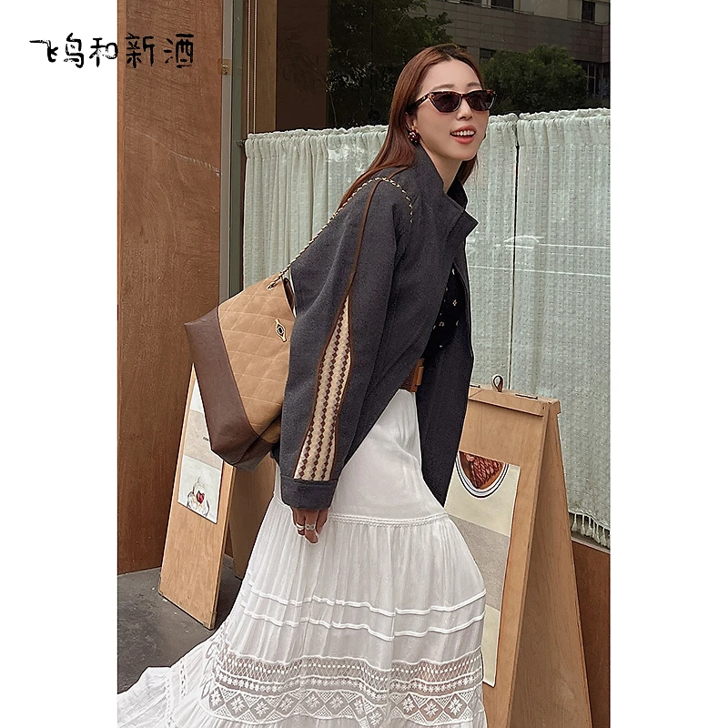 飞鸟和新酒拼接小立领宽松毛呢外套女秋季呢子上衣FD55072027