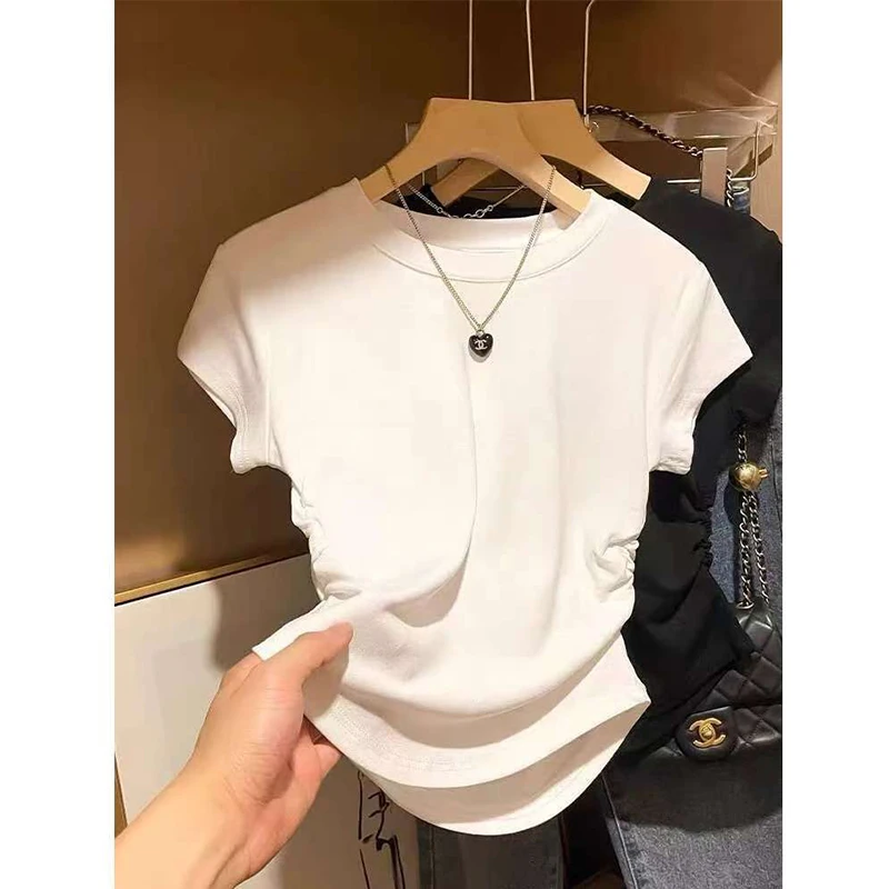 2025夏季新款正肩短袖t恤女设计感小众时尚百搭洋气褶皱收腰上衣