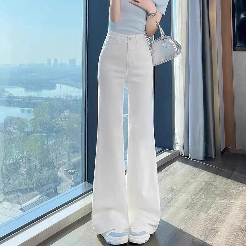 小个高级气质白色微喇牛仔裤女夏秋季高腰不贴显瘦宽松喇叭拖地裤