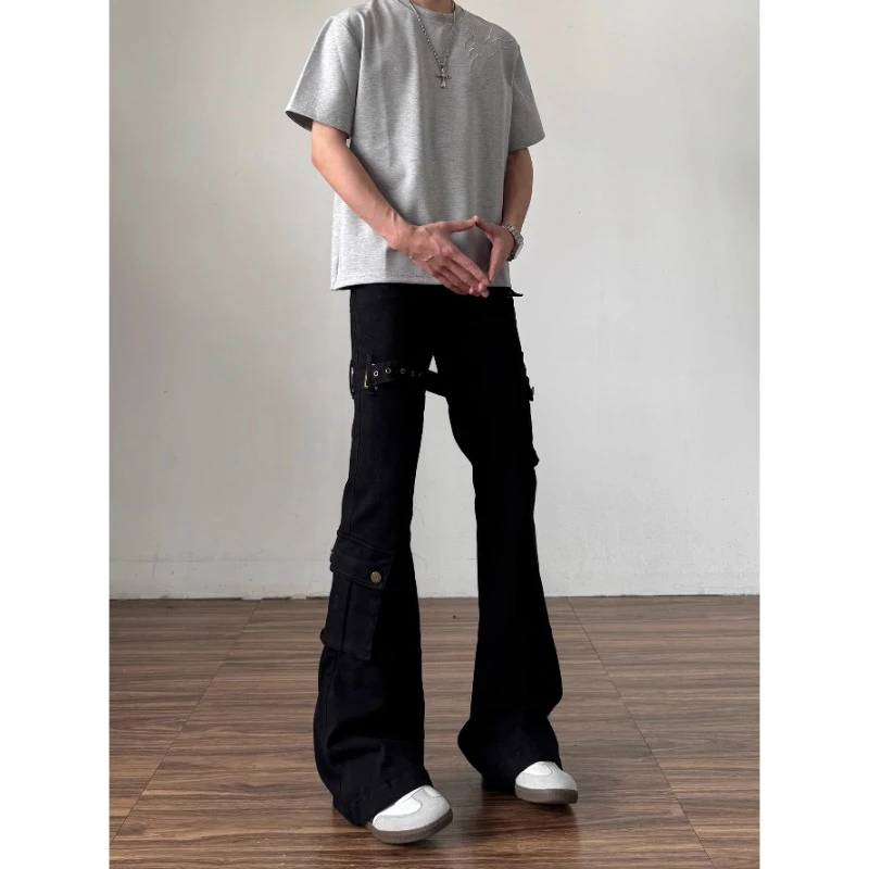 美式高街vibe痞帅绑带牛仔裤男款秋季潮牌高级感修身显瘦微喇裤子