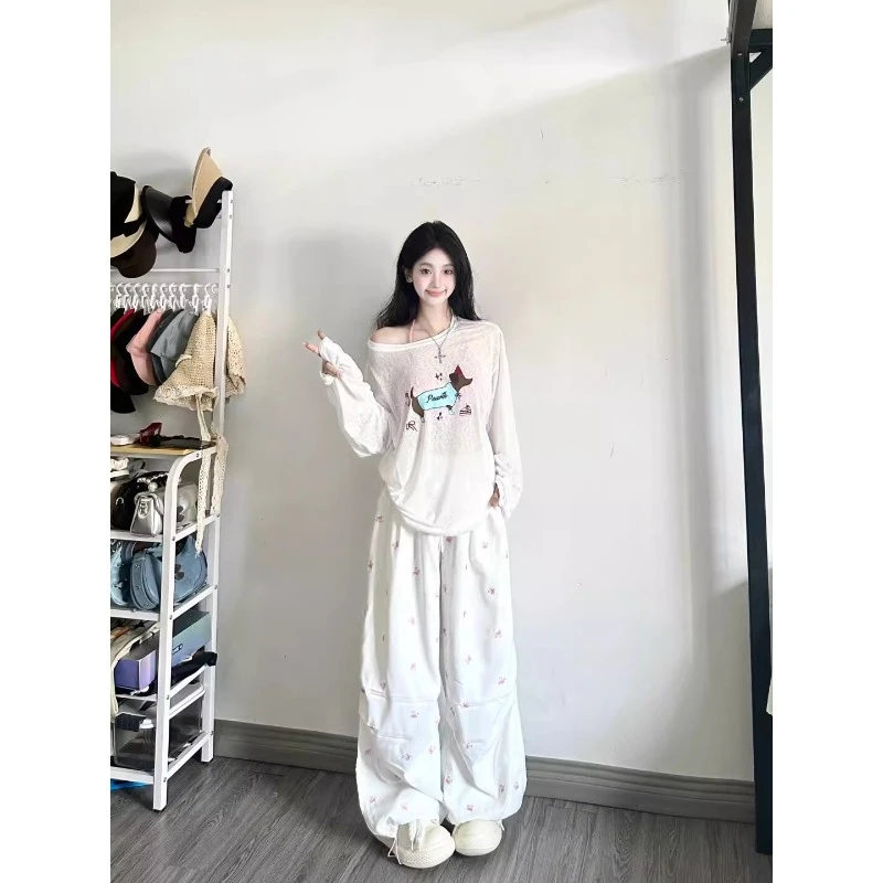 韩系休闲运动套装女夏2025新款卡通印花防晒长袖T恤阔腿裤两件套