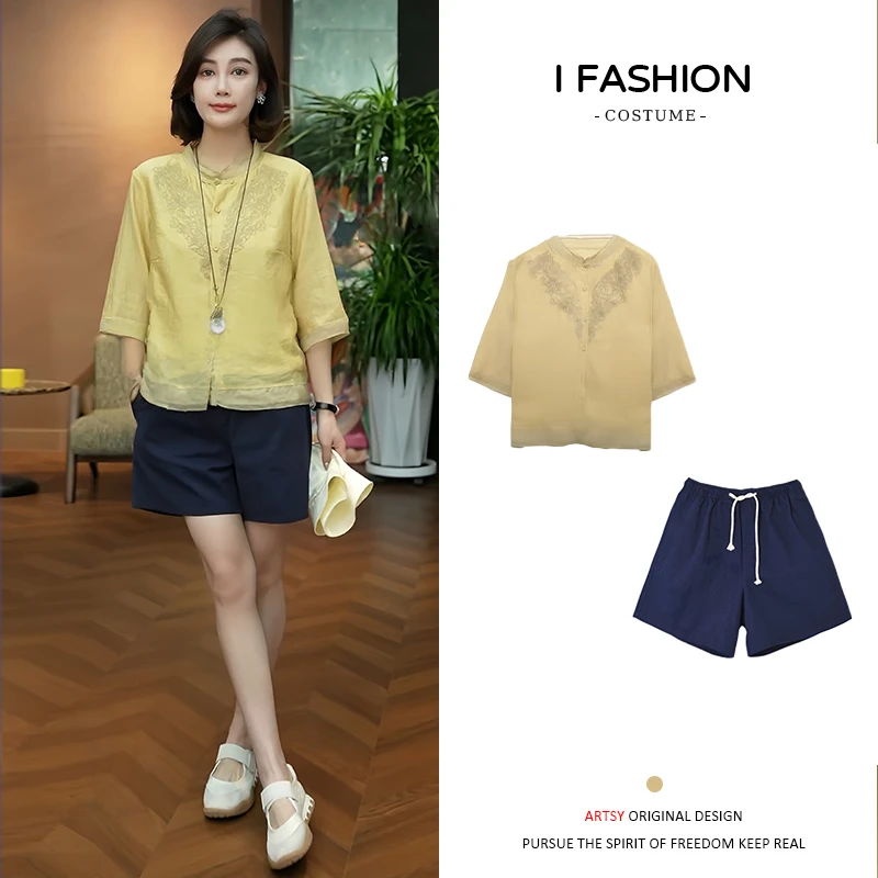 新中式国风七分袖衬衫女2026年夏季新款减龄气质百搭显瘦圆领上衣