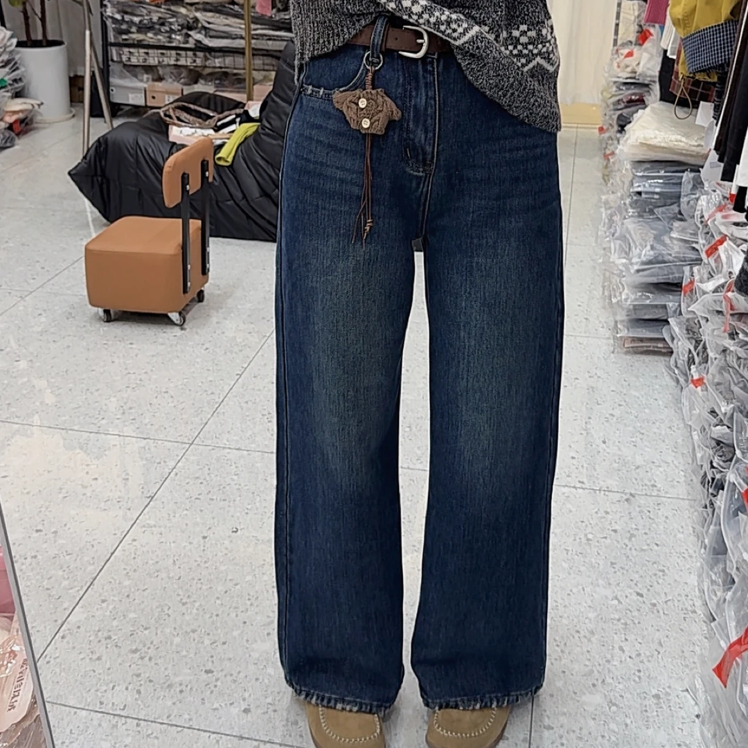 LL～秋冬植绒牛仔窄版直筒显瘦毛边女裤