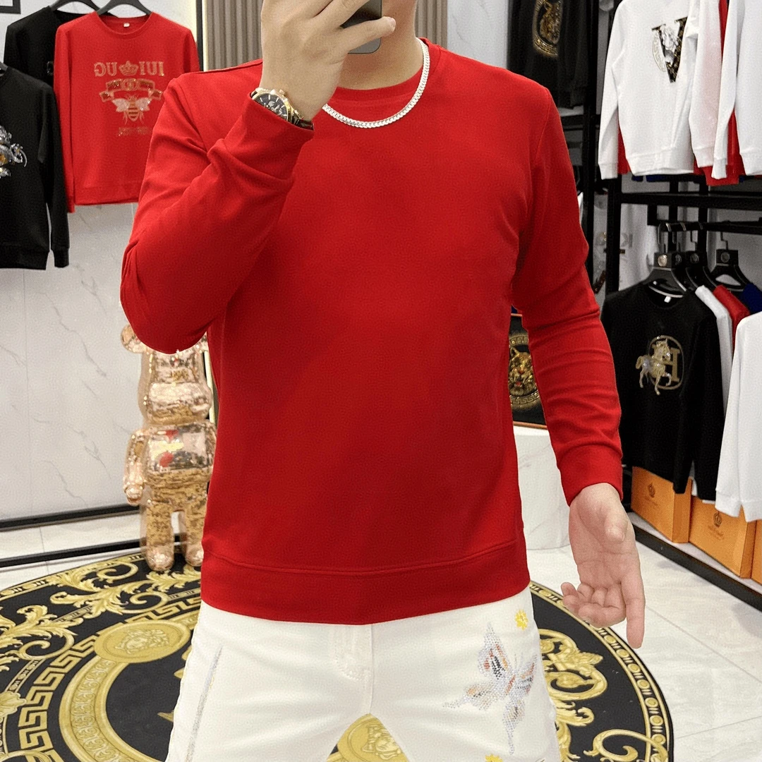 红色本命年新娘纯色长袖打底衫上衣圆领男士卫衣休闲男装修身冬季