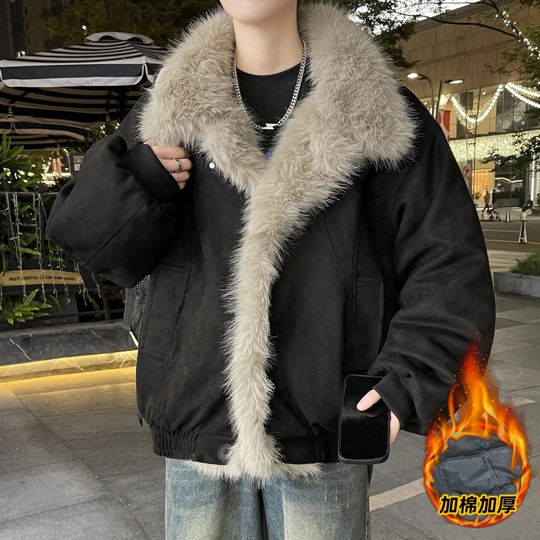 秋冬季新款青少年百搭帅气美式加棉加厚座山雕外套男宽松舒适棉服