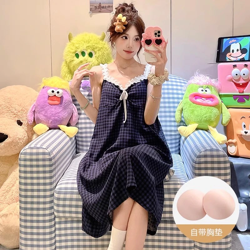 带胸垫吊带格子睡裙女款夏季2025新款泡泡棉花边甜美睡衣女士夏天