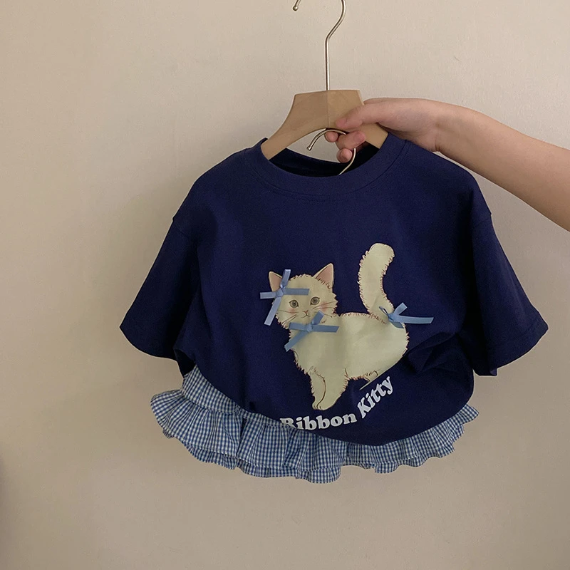 R25277女童韩版卡通印花蝴蝶结喵咪短袖格子百搭花边蛋糕裙两件套