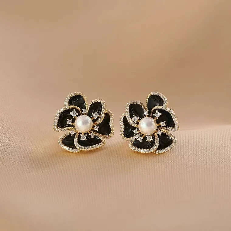 铜合金合成锆石耳饰 优雅精美百搭气质感轻奢法式黑色女士耳钉28