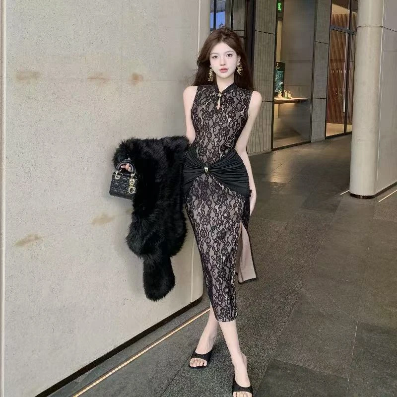 新中式无袖蕾丝连衣裙优雅开叉小众设计收腰连衣裙