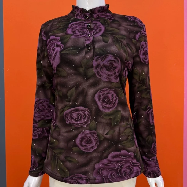 冬季中老年加绒木耳边小立领保暖妈妈装长袖打底衫加厚上衣