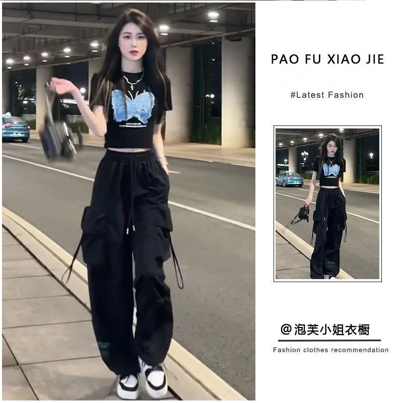 欲风辣妹2025套装女夏季新款短袖印花T恤上衣工装阔腿裤两件套