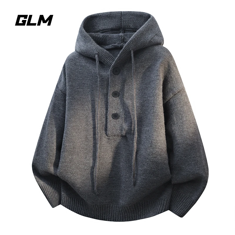 GLM美式复古灰色连帽毛衣男士秋冬潮牌宽松慵懒风针织衫外套男