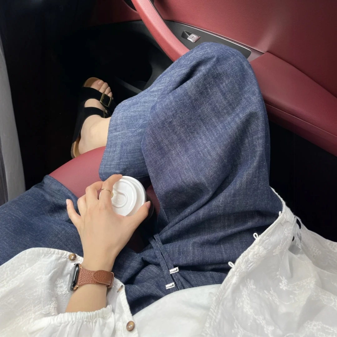 孕妇牛仔裤夏季薄款休闲遛弯裤阔腿奶奶裤新款外穿抽绳九分裤子女