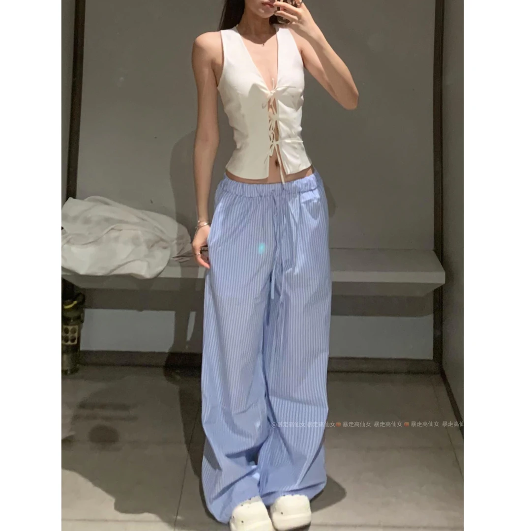 2426暴走高仙女175高个子加长蓝色条纹阔腿裤女宽松垂感拖地裤子