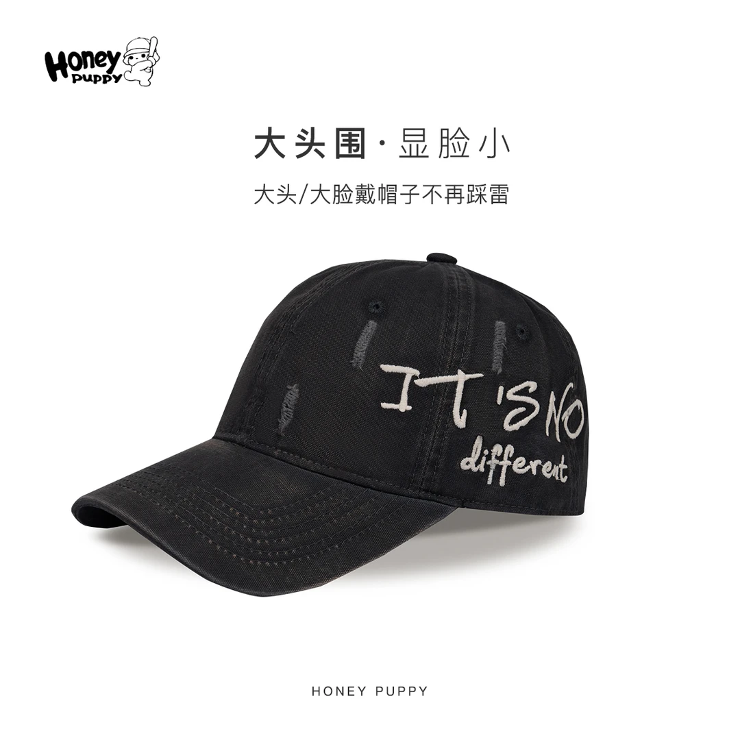 Honey Puppy美式复古破洞字母棒球帽大头围显脸小鸭舌帽男女情侣