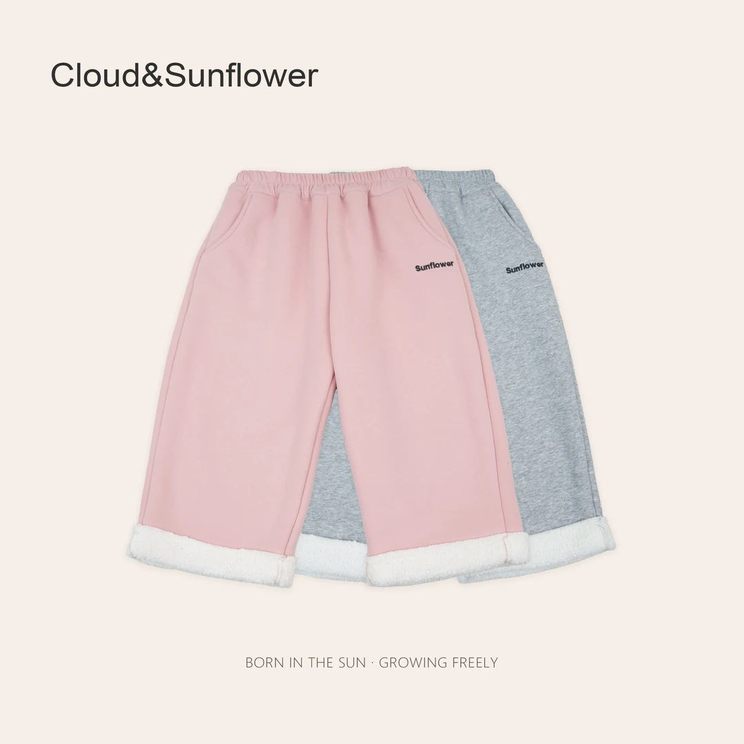 女童字母刺绣挽脚毛绒纯色冬季加厚百搭休闲直筒裤1113182