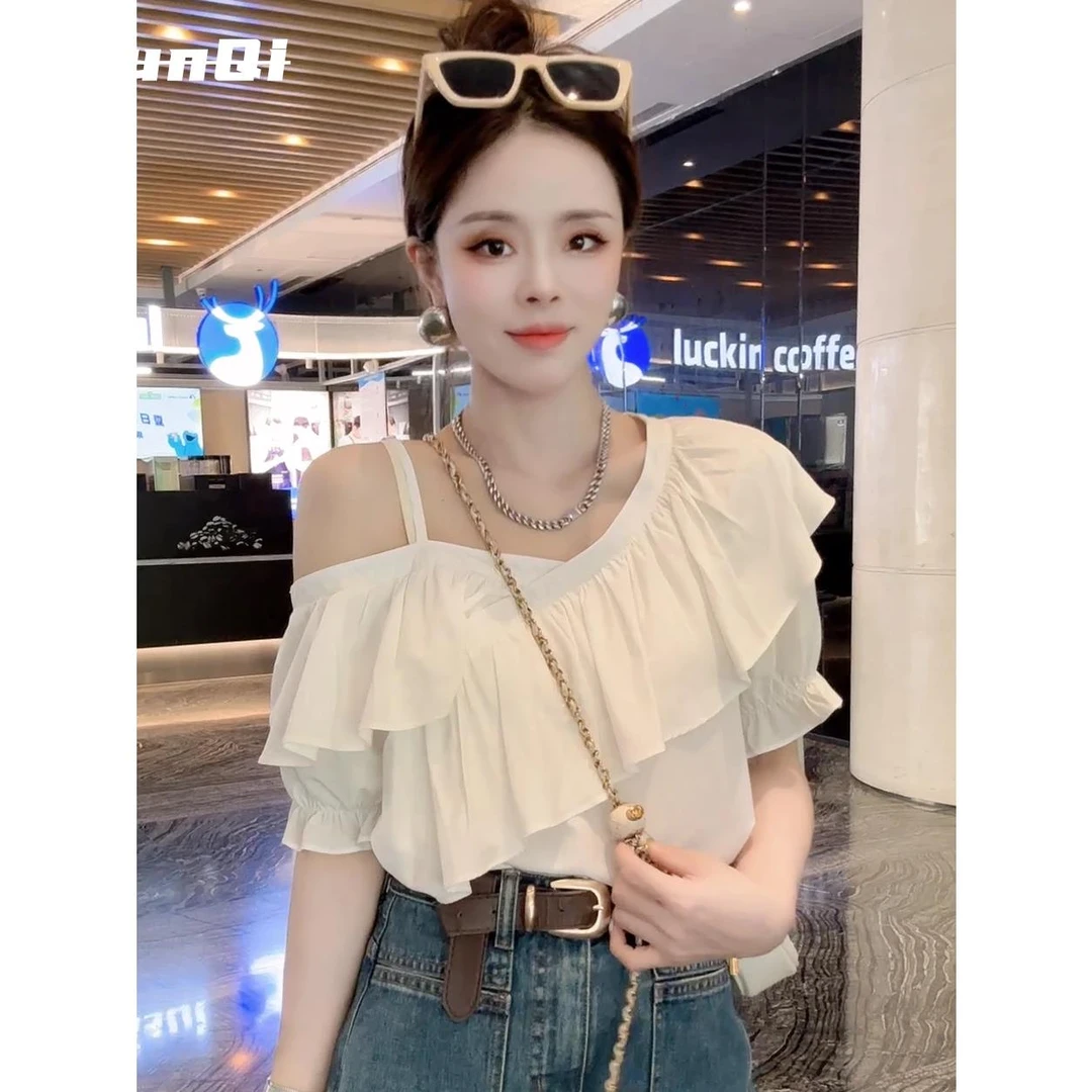 淳启荷叶边漏锁骨心机一字肩衬衫女夏季甜美减龄漂亮小衫露肩上衣