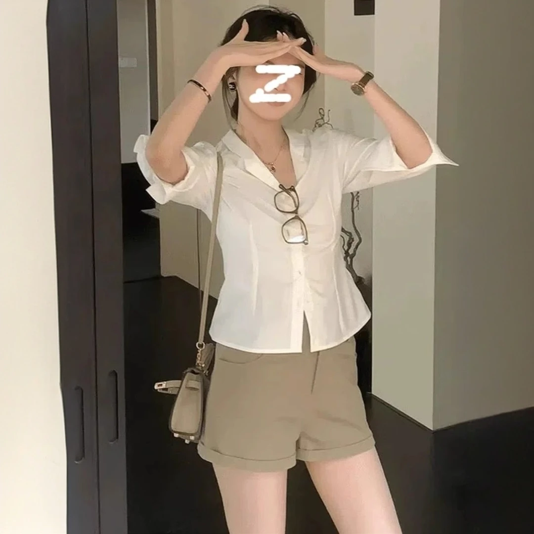 大码法式纯欲减龄气质七分袖衬衫2025夏季新款设计感收腰显瘦上衣