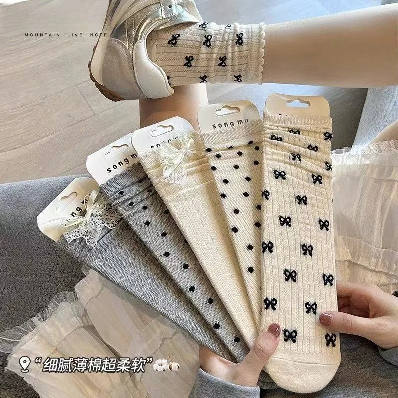 夏季薄款灰色袜子蝴蝶结中筒波点花边镂空透气网眼韩版长堆堆学院