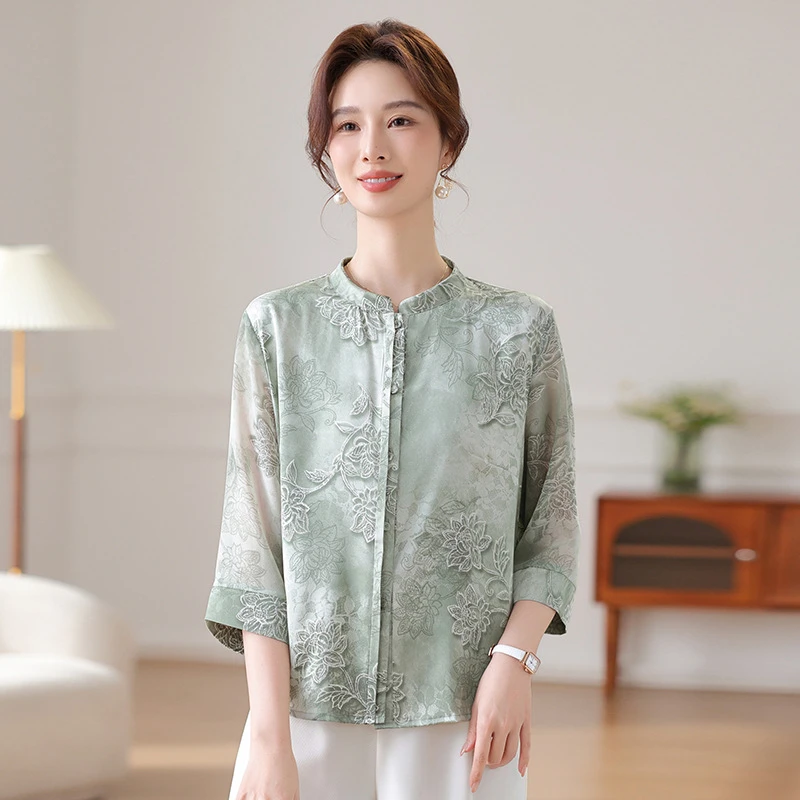 妈妈新款洋气国风新中式短袖中老年女恤夏季休闲圆领衣服