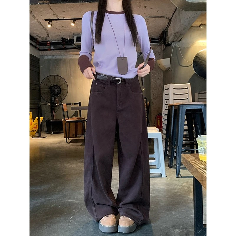 复古棕咖色阔腿牛仔裤女冬新款高腰宽松显瘦垂感休闲直筒拖地裤子