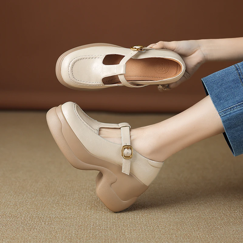 羊皮8公分/厚底圆头英伦风乐福鞋单鞋粗跟休闲百搭浅口真皮女鞋