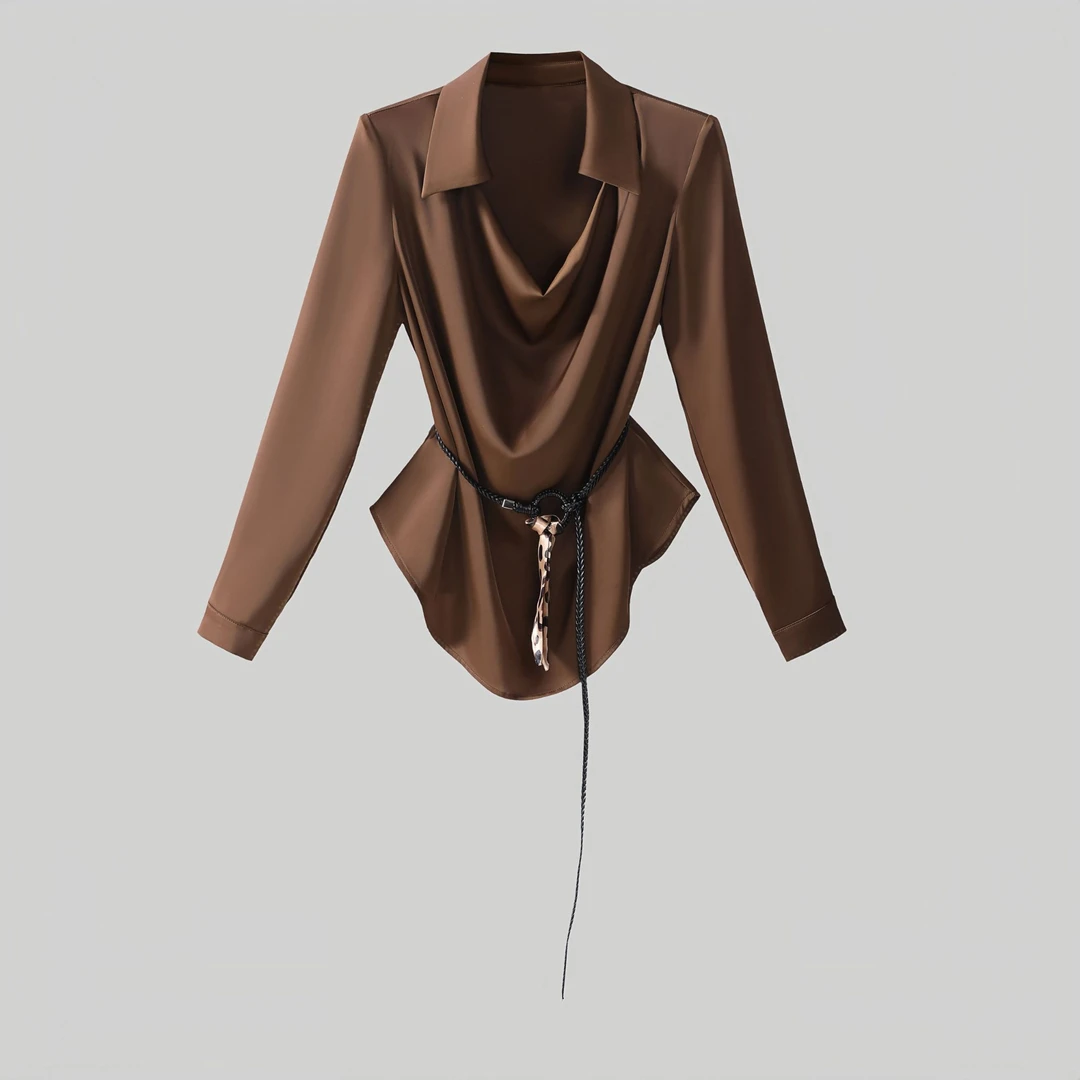 〈纪朵研〉1344短款不褪色单排多扣纯色荡领气质常规衬衣上衣衬衫