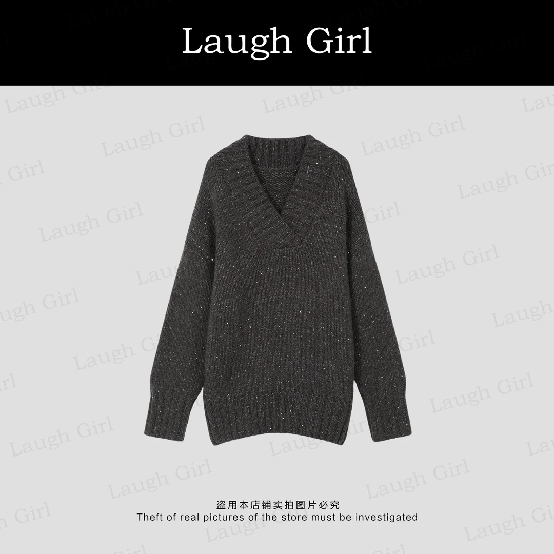 楚楚君 Laugh girl【暗夜繁星】慵懒V领细闪宽松毛衣XL53889J