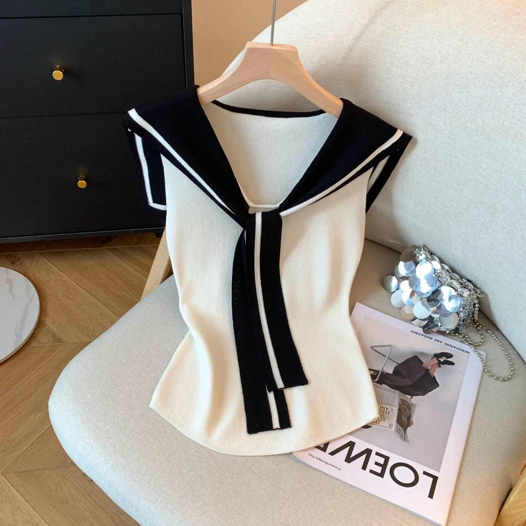 专柜撤回剪标海军领无袖针织背心女夏季新款设计感洋气小众短上衣