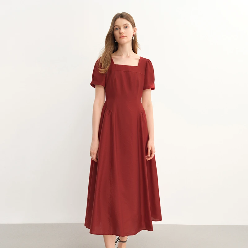 独束大码女装法式方领腰侧褶皱多色可选连衣裙25DS82788