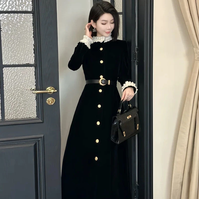 2025法式连衣裙黑色长裙优雅花边高腰显瘦气质洋气修身显瘦连衣裙