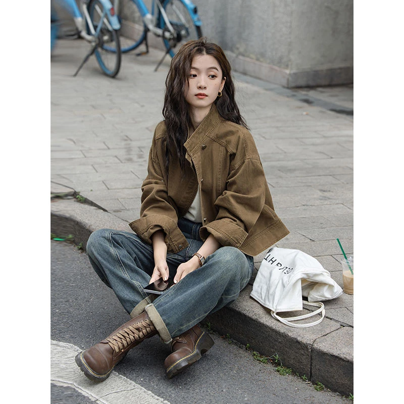复古咖色牛仔短外套2025早秋新款小众宽松立领工装夹克上衣女