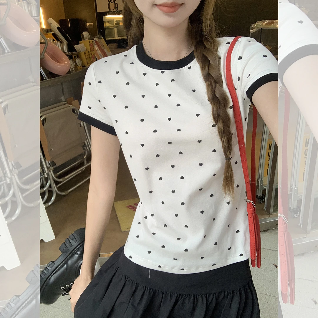 韩系爱心印花正肩圆领短袖t恤女2025年夏季修身显瘦撞色甜美上衣