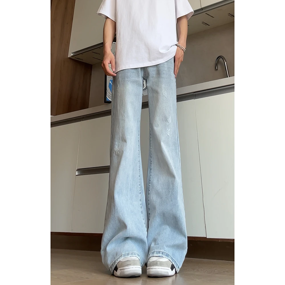 美式高街复古水洗褶皱宽松垂感微喇牛仔裤男女潮牌休闲阔腿拖地裤