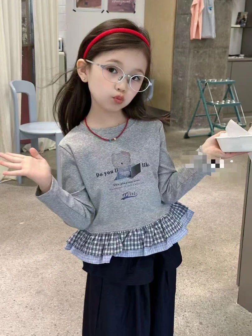 儿童长袖女童T恤韩版秋季休闲洋气韩版格子花边上衣春秋