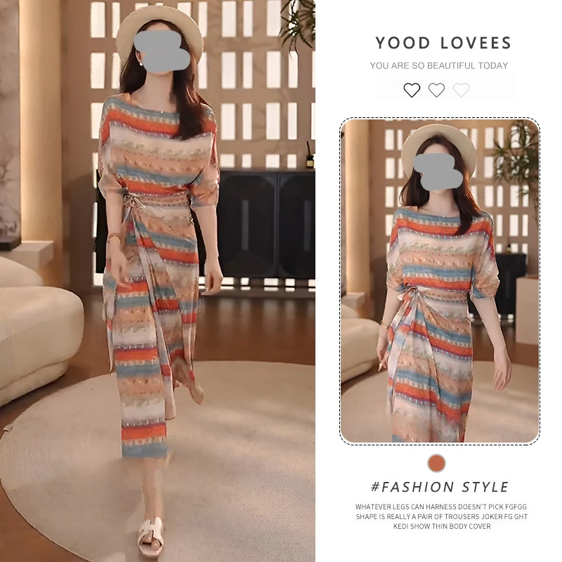 2025夏季新款时尚复古波西米亚风气质优雅系带印花休闲连衣长裙女