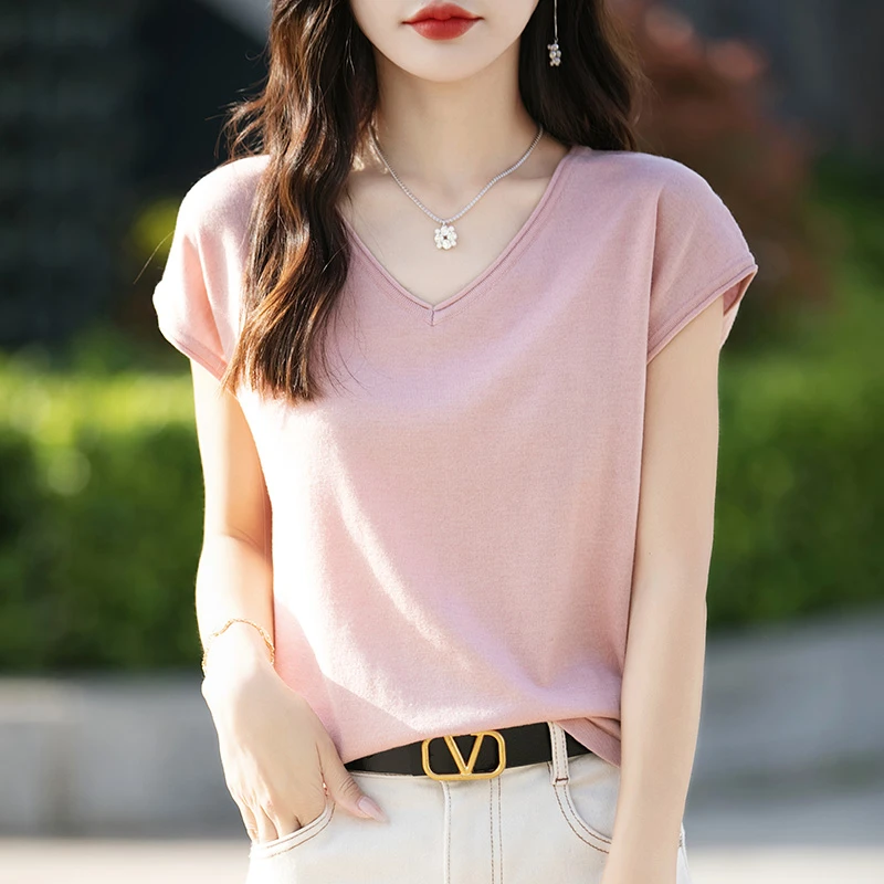 【而立精纺】夏季爆品精纺蚕丝羊毛卷边V领短袖显瘦百搭打底衫洋气