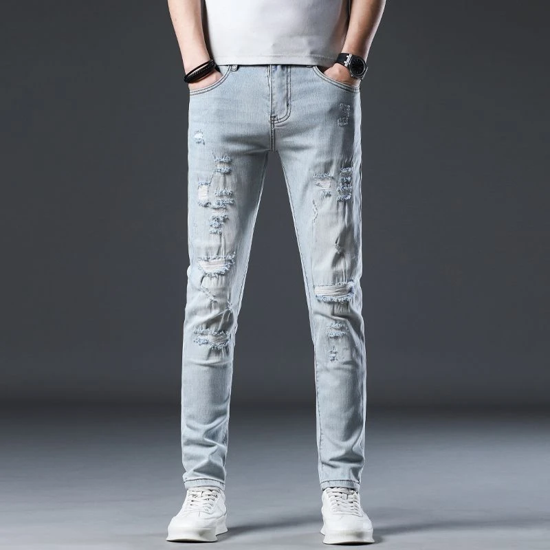 2025新款高端破洞裤子男士牛仔裤男夏季薄款修身小脚潮牌夏男款