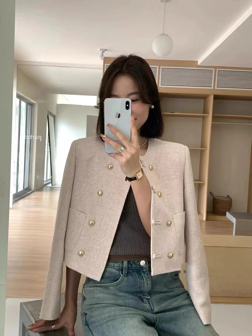 春季双排扣小香风外套新国风法式名媛气质粗花呢短款女