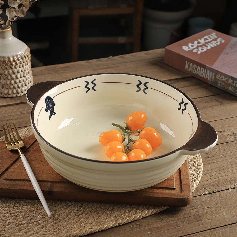 10英寸奶油黄螺纹小鱼双耳大汤碗