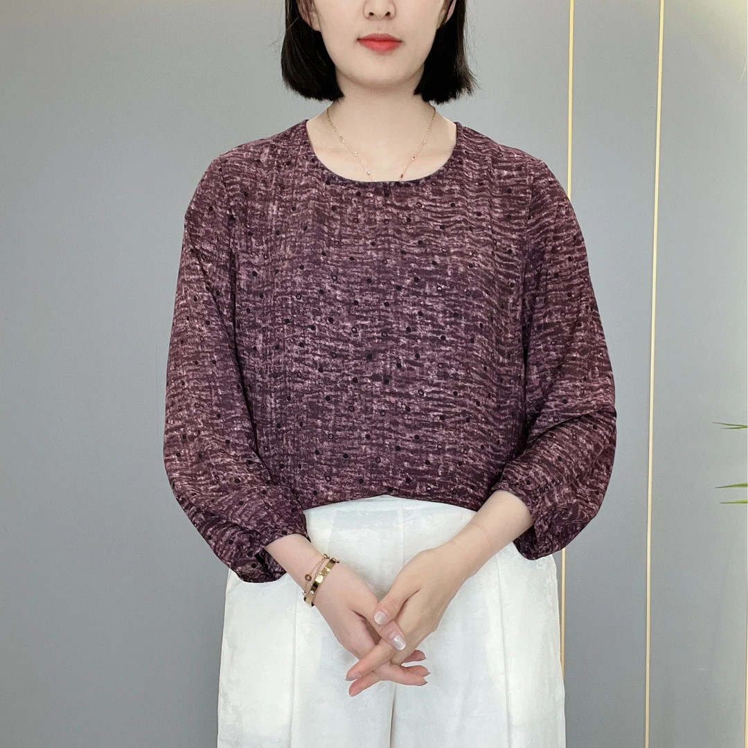 紫气东来2025新款圆领长袖宽松大码中老年女士亲肤透气上衣小衫