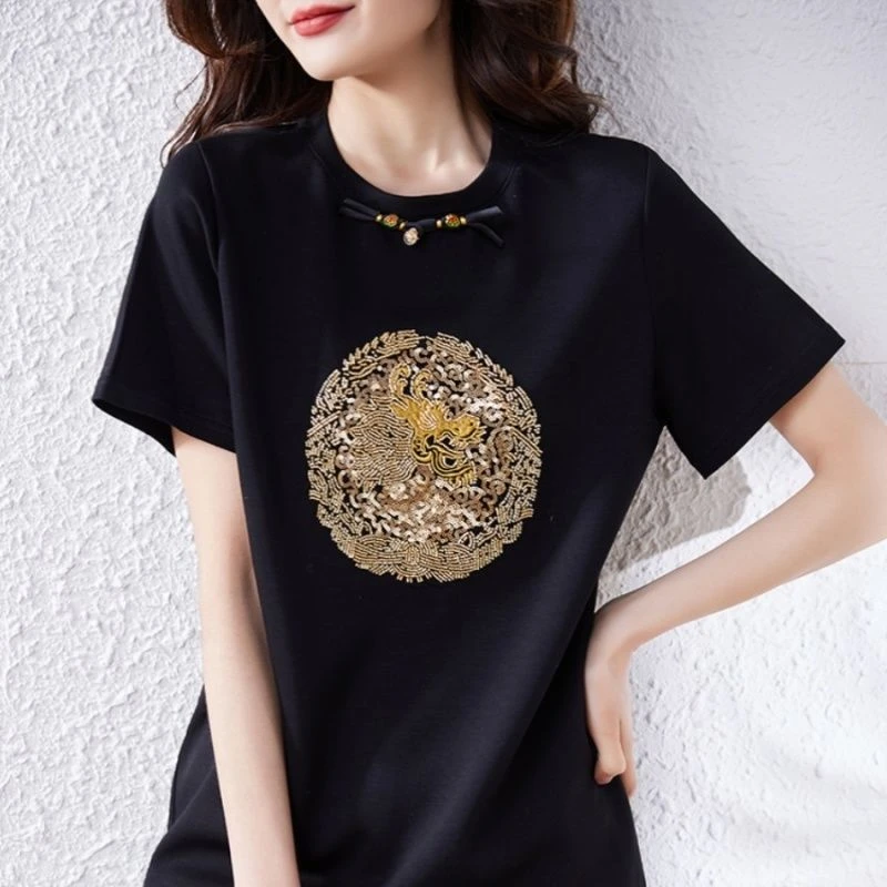 2025新款 21支纯棉 210克(100%绵）刺绣钉珠亮片中式国风短袖T恤