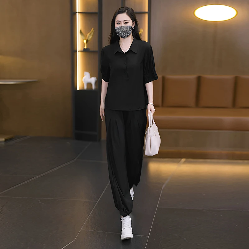 2025夏季新款洋气大码女装套装胖MM时尚宽松显瘦哈伦裤两件套