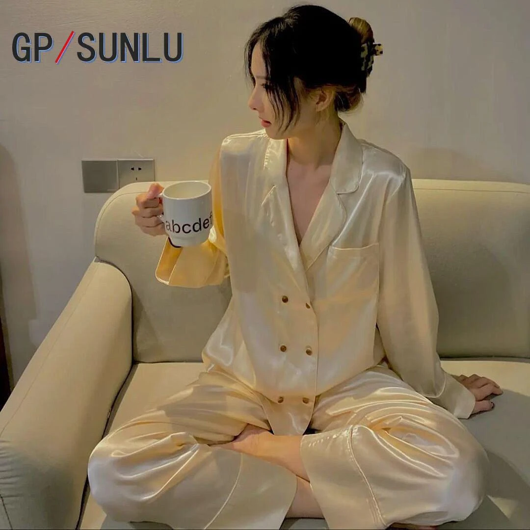 日本小众GP长袖睡衣女春秋冰丝网红风ins风高级感薄款家居服套装